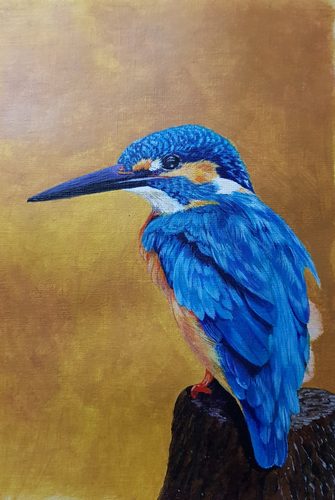 Lorna, Kingfisher, memories of day out at Endcliffe Park, acrylic.